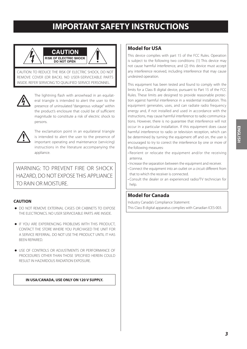 English, Important safety instructions | Teac CD-P800NT-B User Manual | Page 3 / 160