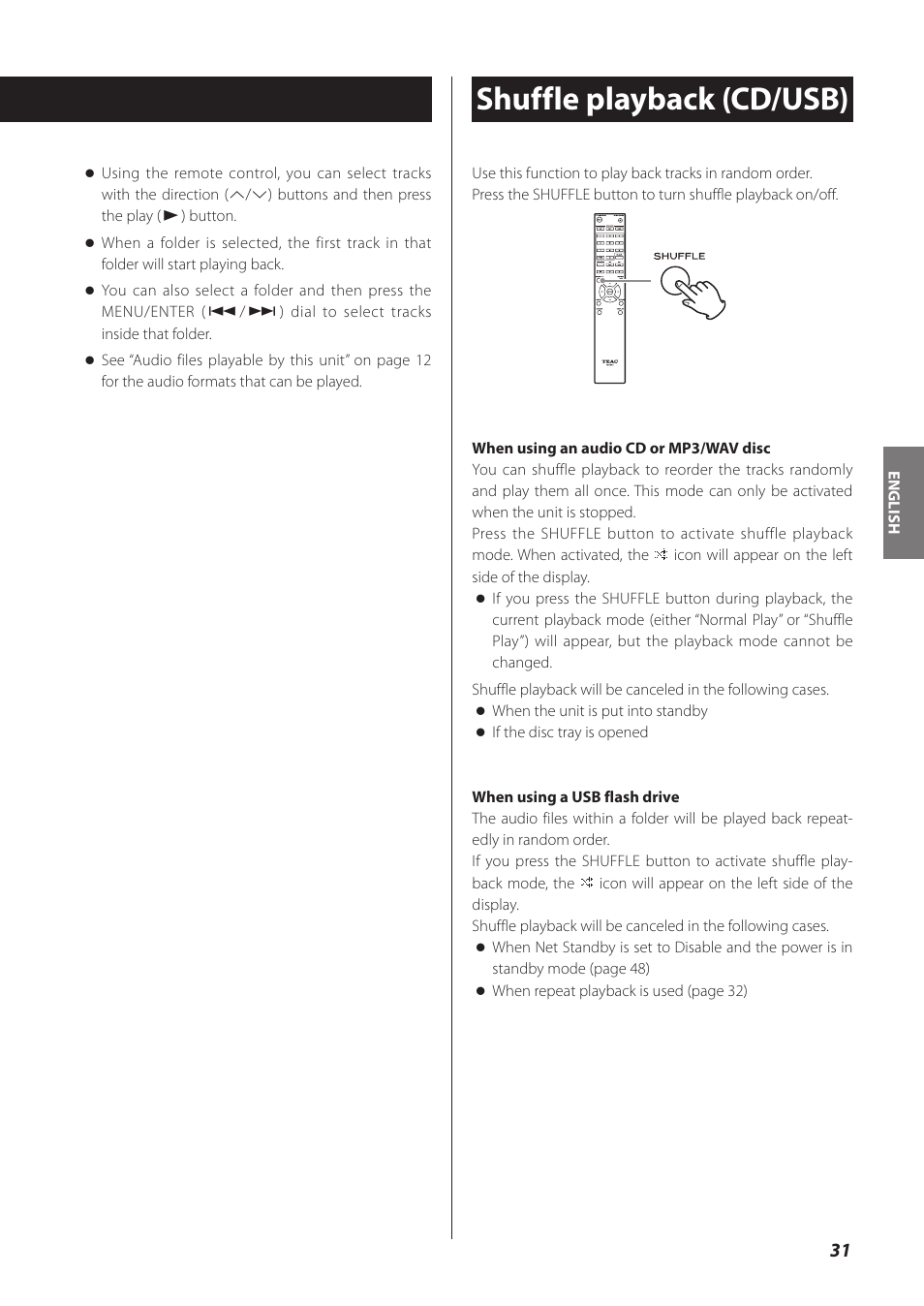 Shuffle playback (cd/usb) | Teac CD-P800NT-B User Manual | Page 31 / 160