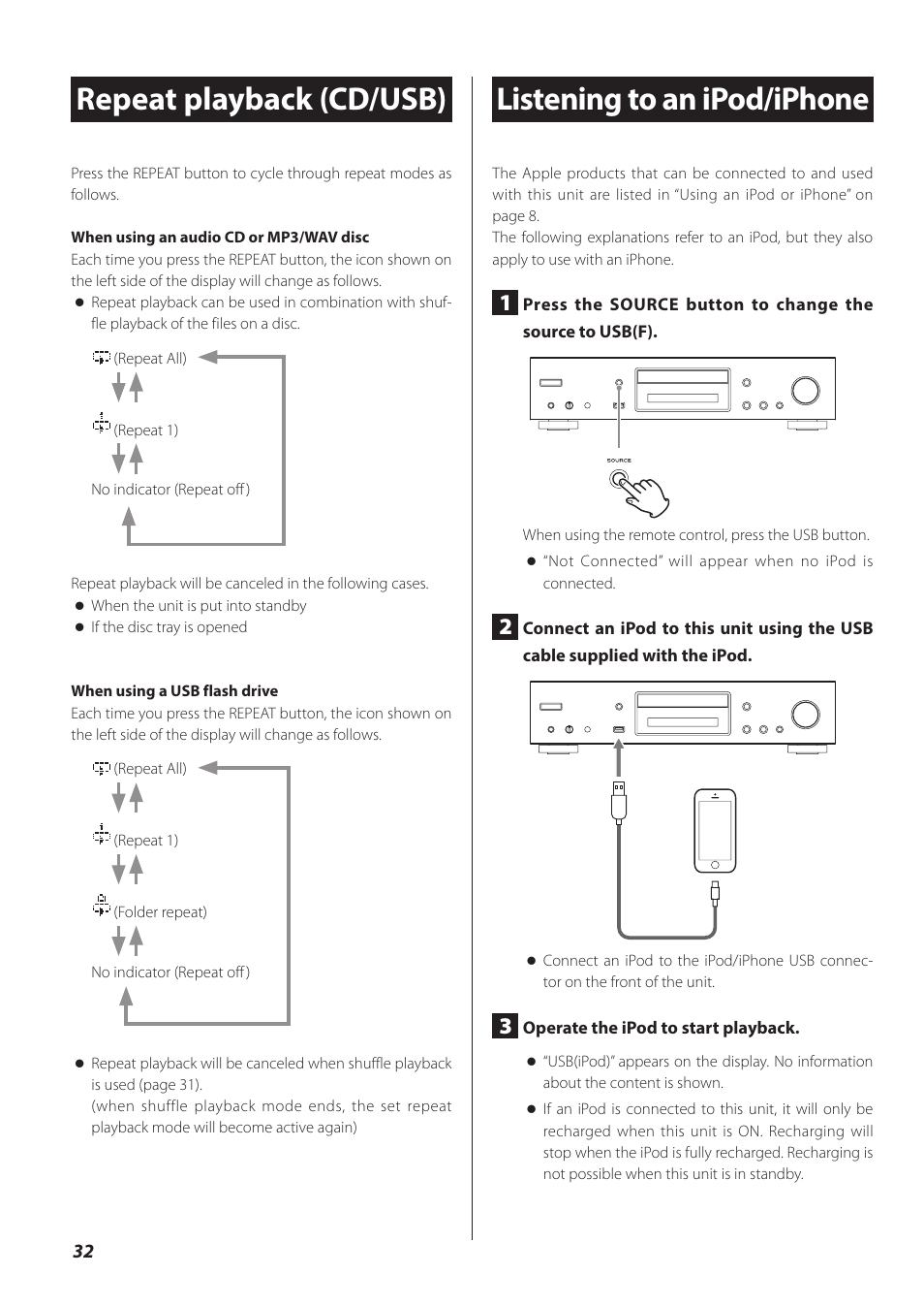 Repeat playback (cd/usb), Listening to an ipod/iphone | Teac CD-P800NT-B User Manual | Page 32 / 160