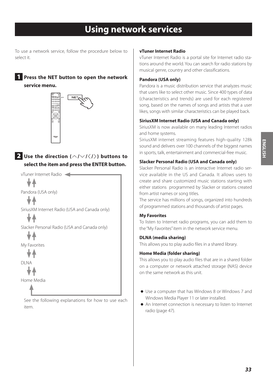 Using network services | Teac CD-P800NT-B User Manual | Page 33 / 160