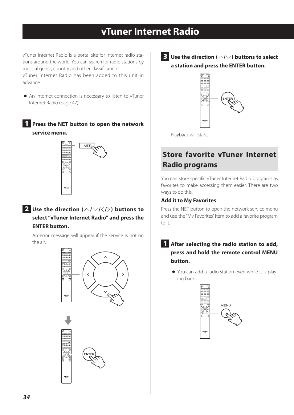 Vtuner internet radio, Store favorite vtuner internet radio programs | Teac CD-P800NT-B User Manual | Page 34 / 160