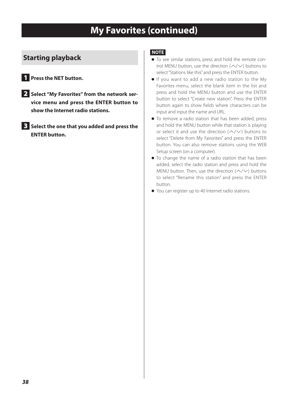 My favorites (continued), Starting playback 1 | Teac CD-P800NT-B User Manual | Page 38 / 160