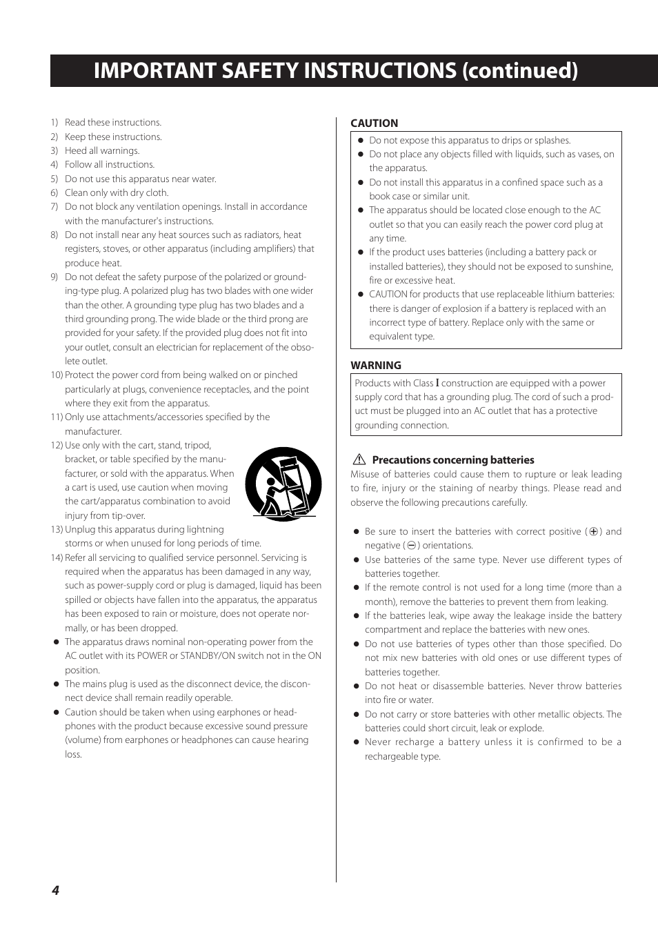 Important safety instructions (continued) | Teac CD-P800NT-B User Manual | Page 4 / 160