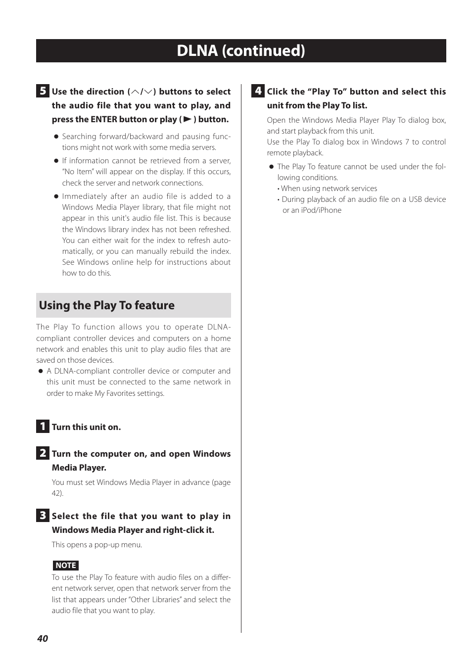 Dlna (continued), Using the play to feature | Teac CD-P800NT-B User Manual | Page 40 / 160
