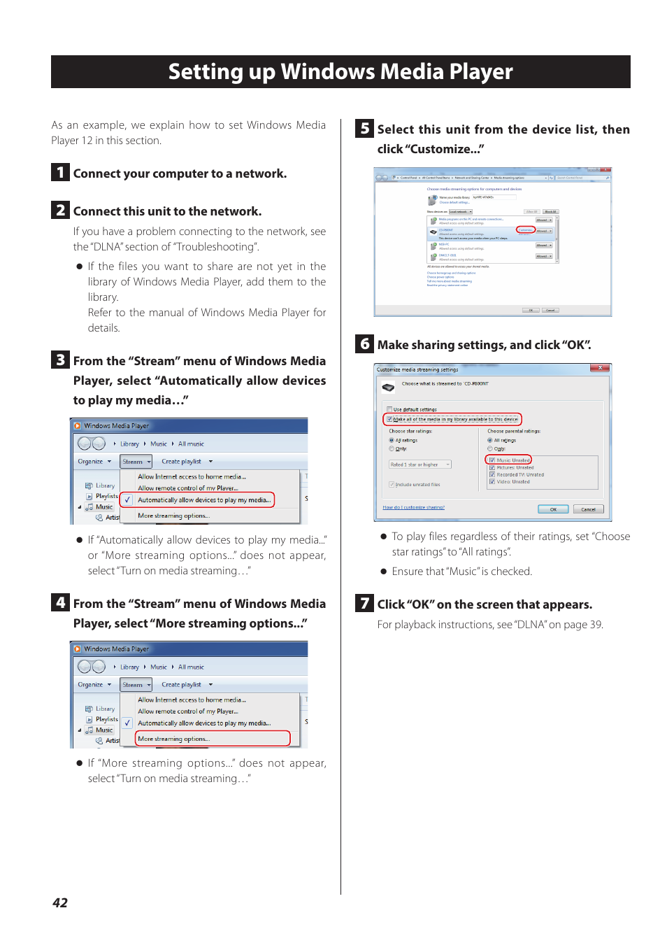 Setting up windows media player | Teac CD-P800NT-B User Manual | Page 42 / 160