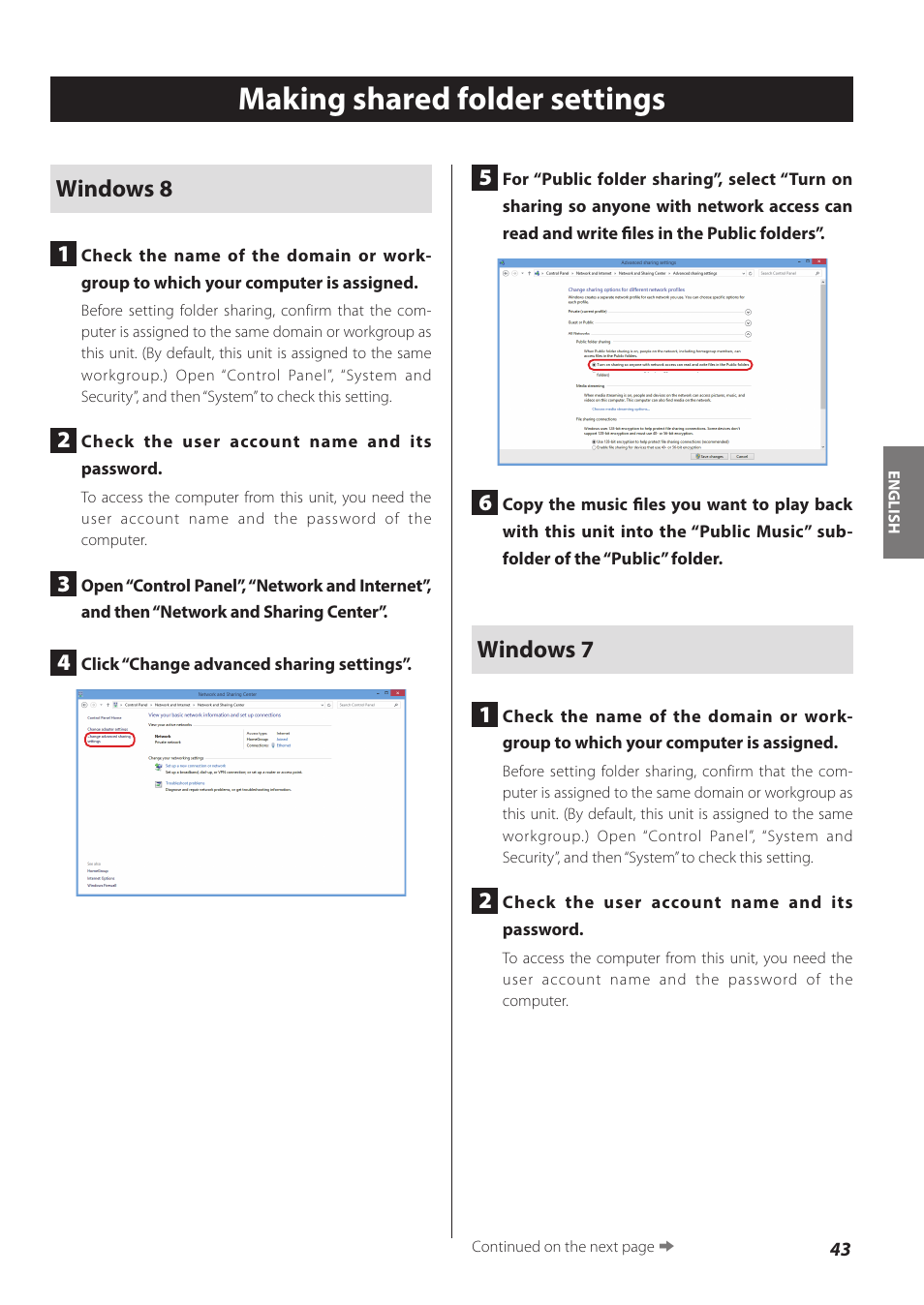 Making shared folder settings, Windows 8 1, Windows 7 1 | Teac CD-P800NT-B User Manual | Page 43 / 160