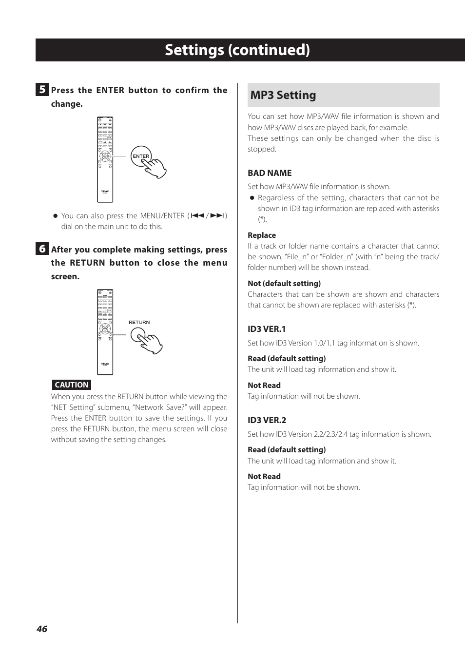 Settings (continued), Mp3 setting | Teac CD-P800NT-B User Manual | Page 46 / 160