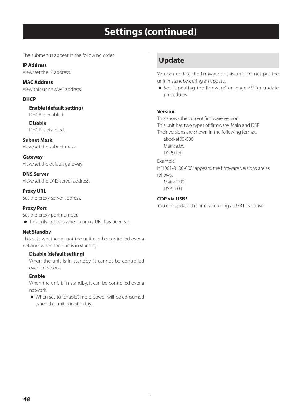 Settings (continued), Update | Teac CD-P800NT-B User Manual | Page 48 / 160
