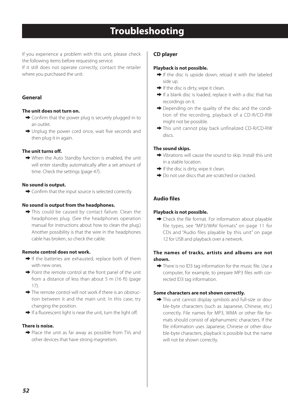 Troubleshooting | Teac CD-P800NT-B User Manual | Page 52 / 160