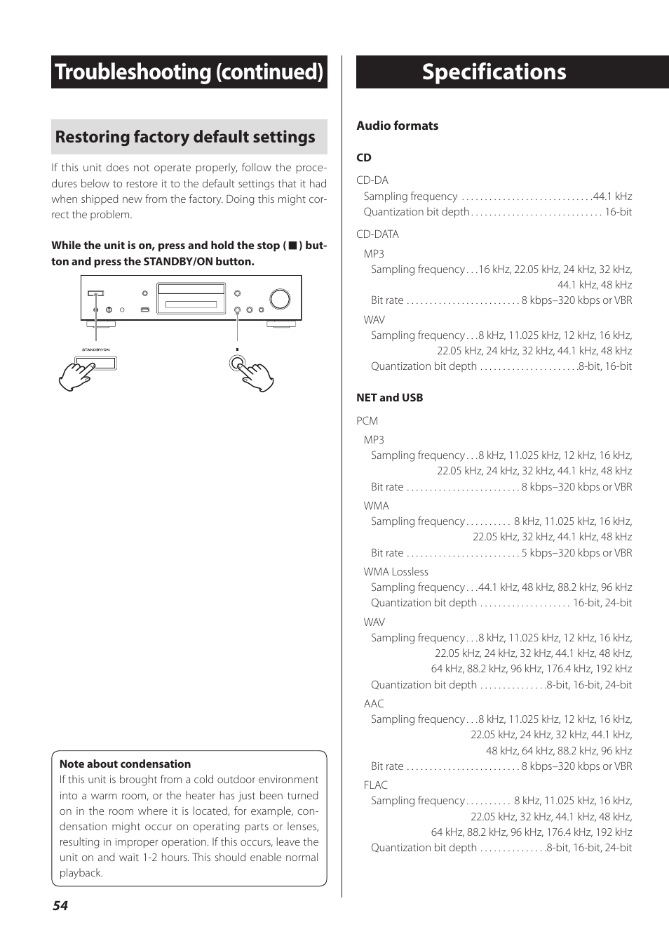 Specifications, Troubleshooting (continued), Restoring factory default settings | Teac CD-P800NT-B User Manual | Page 54 / 160