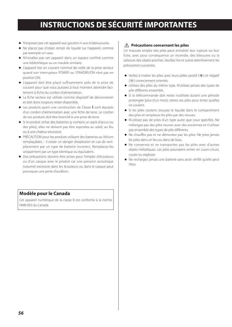 Français, Instructions de sécurité importantes, Modèle pour le canada | Teac CD-P800NT-B User Manual | Page 56 / 160