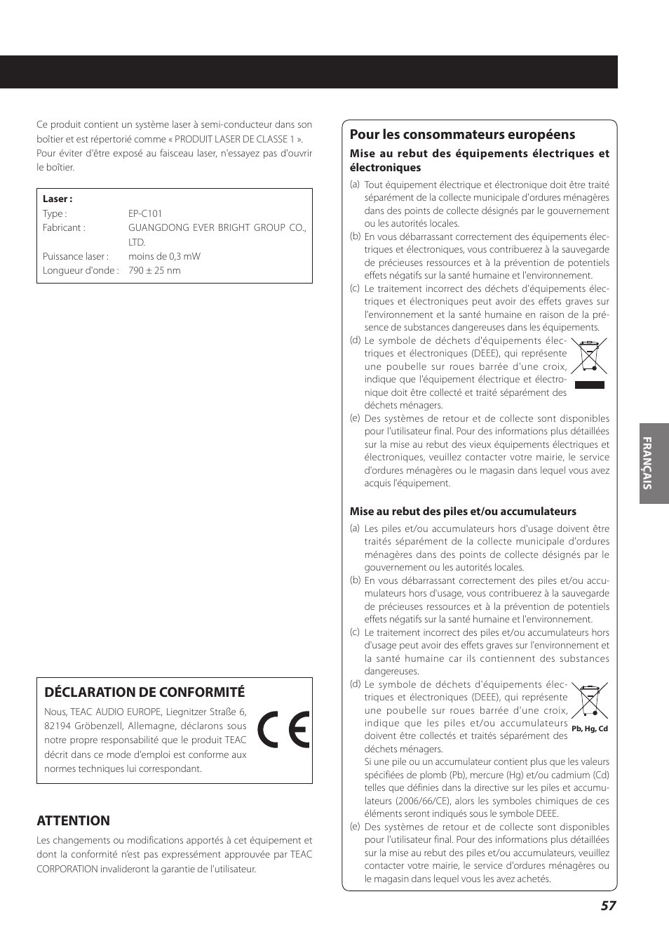 Déclaration de conformité, Attention, Pour les consommateurs européens | Teac CD-P800NT-B User Manual | Page 57 / 160