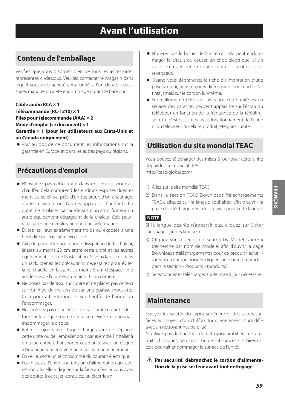 Avant l’utilisation, Contenu de l'emballage, Précautions d'emploi | Utilisation du site mondial teac, Maintenance | Teac CD-P800NT-B User Manual | Page 59 / 160