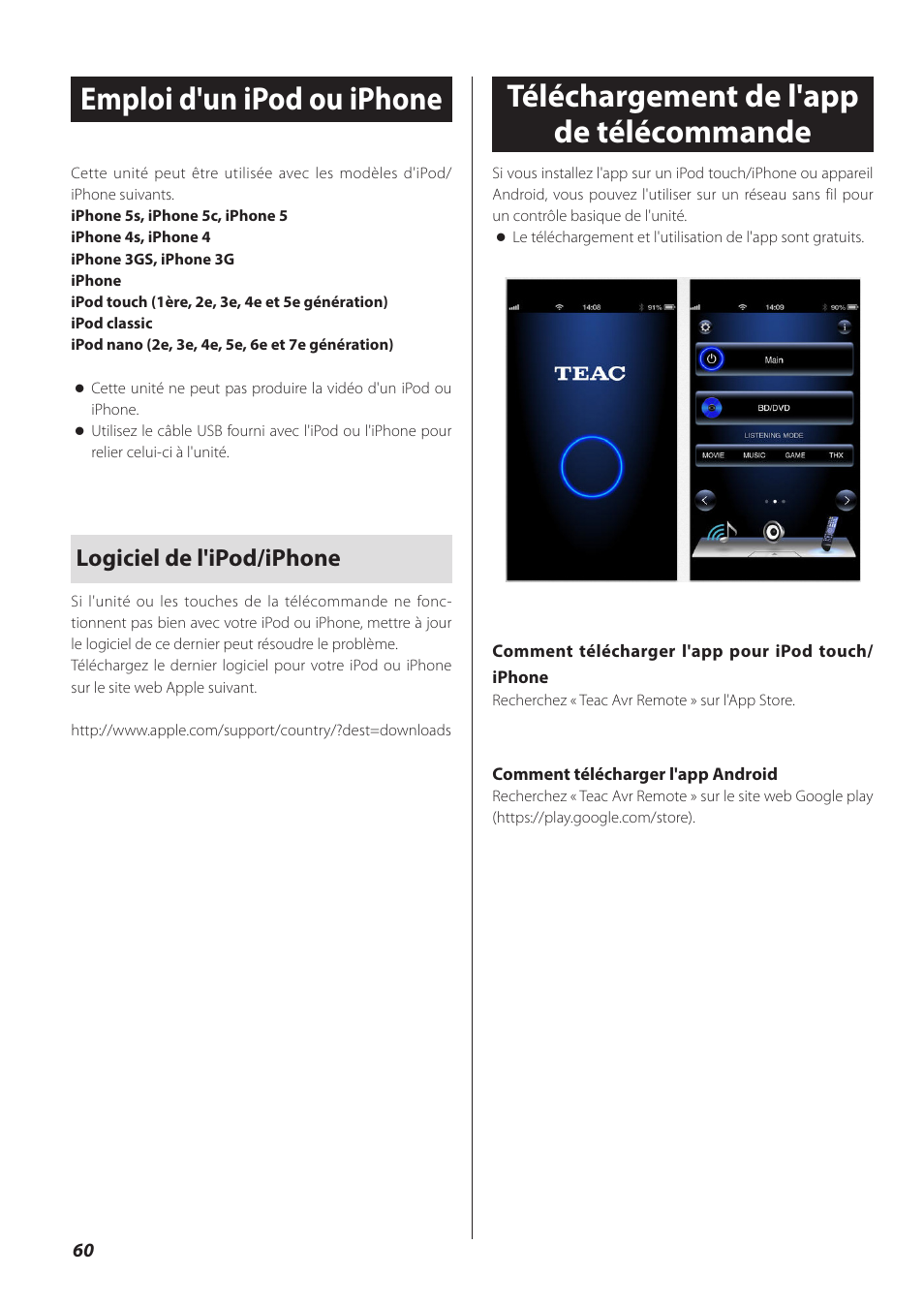 Emploi d'un ipod ou iphone, Téléchargement de l'app de télécommande, Logiciel de l'ipod/iphone | Teac CD-P800NT-B User Manual | Page 60 / 160