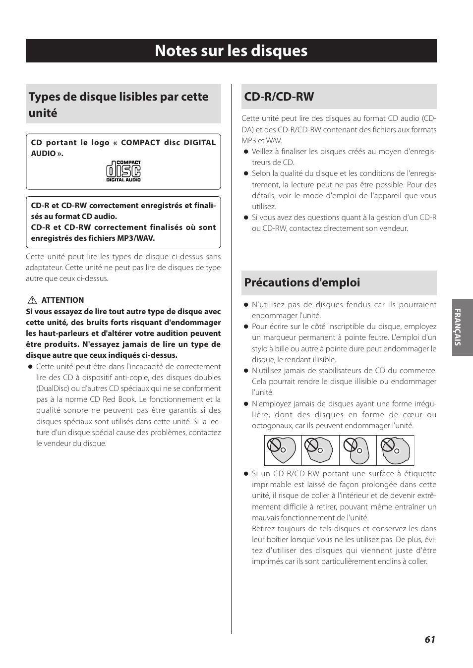 Notes sur les disques, Types de disque lisibles par cette unité, Cd-r/cd-rw | Précautions d'emploi | Teac CD-P800NT-B User Manual | Page 61 / 160
