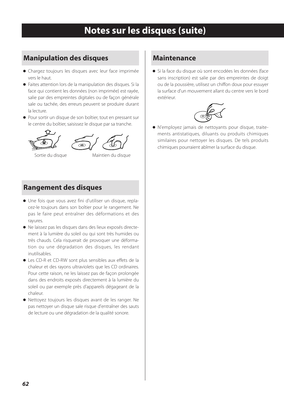 Manipulation des disques, Rangement des disques, Maintenance | Teac CD-P800NT-B User Manual | Page 62 / 160