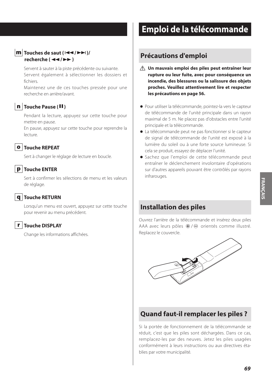 Emploi de la télécommande, Précautions d'emploi, Installation des piles | Quand faut-il remplacer les piles | Teac CD-P800NT-B User Manual | Page 69 / 160