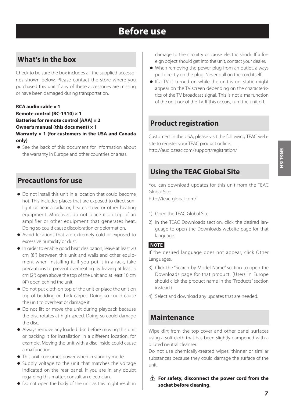 Before use, What’s in the box, Precautions for use | Product registration, Using the teac global site, Maintenance | Teac CD-P800NT-B User Manual | Page 7 / 160