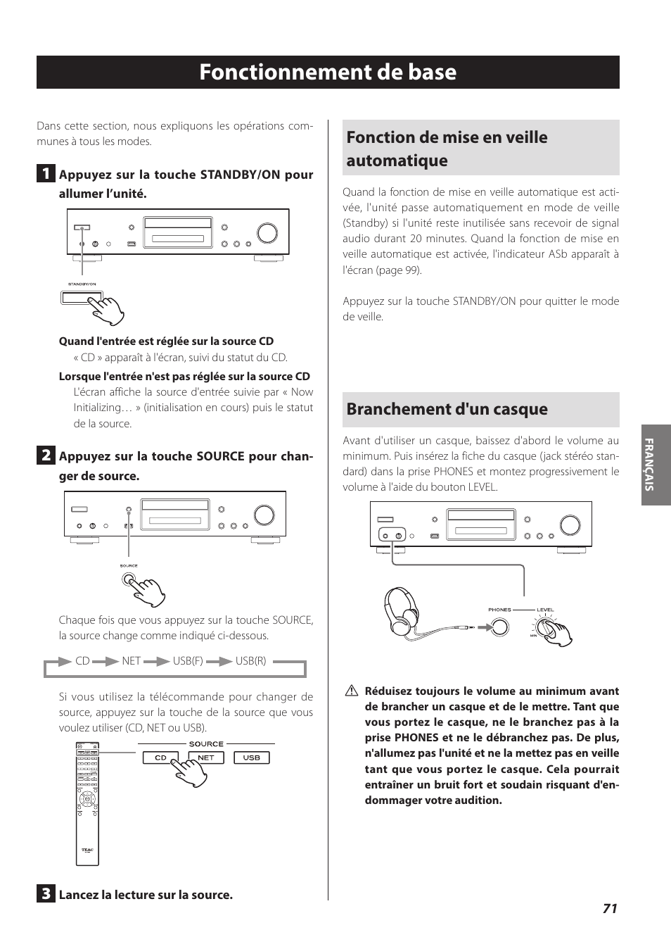 Fonctionnement de base, Fonction de mise en veille automatique, Branchement d'un casque | Teac CD-P800NT-B User Manual | Page 71 / 160