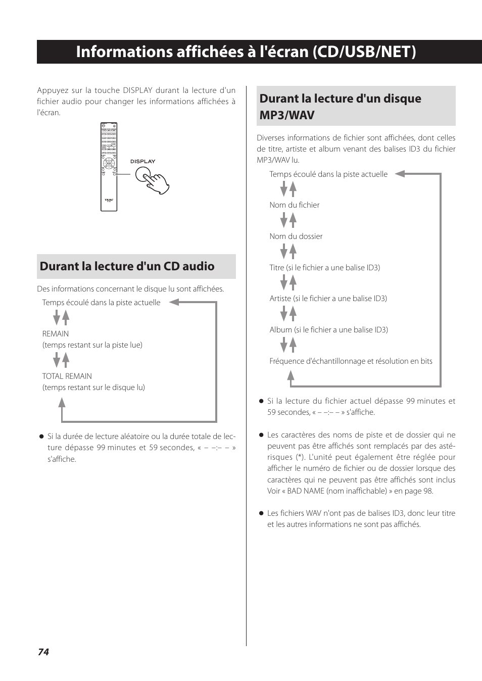 Informations affichées à l'écran (cd/usb/net), Durant la lecture d'un cd audio, Durant la lecture d'un disque mp3/wav | Teac CD-P800NT-B User Manual | Page 74 / 160