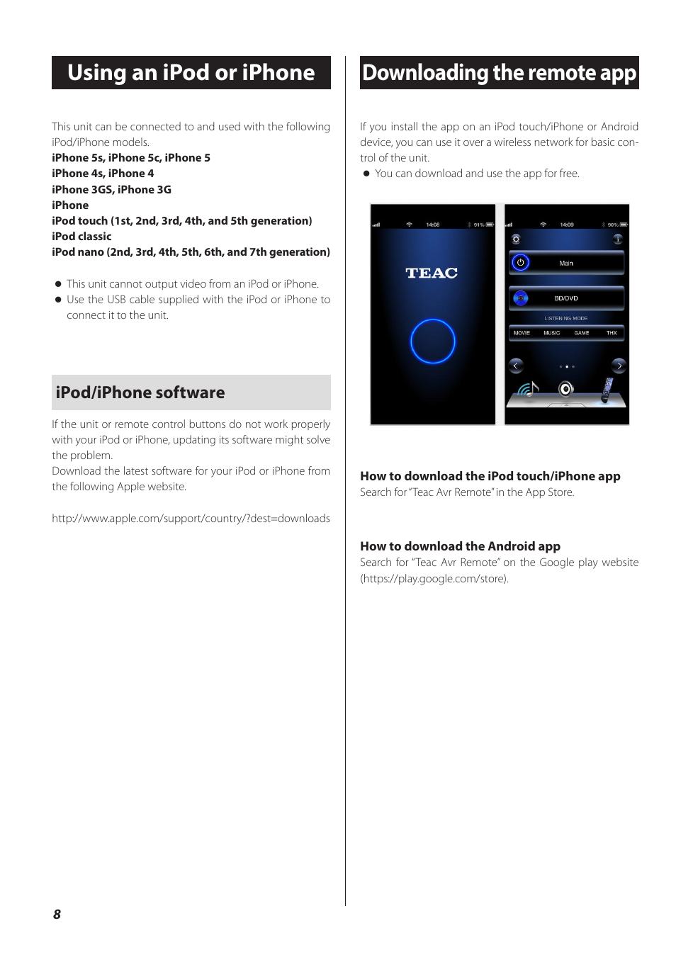 Using an ipod or iphone, Downloading the remote app, Ipod/iphone software | Teac CD-P800NT-B User Manual | Page 8 / 160