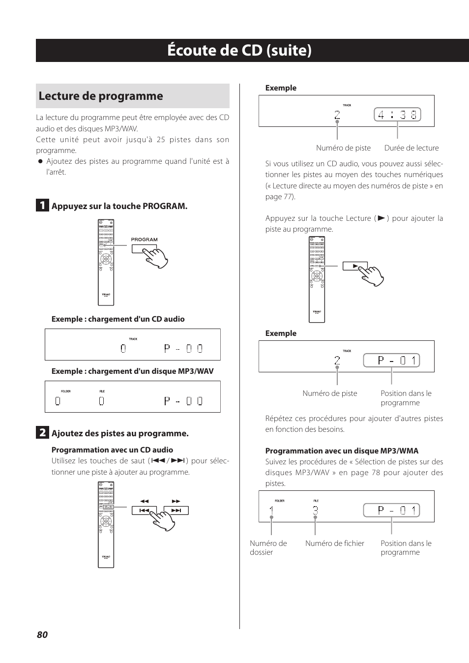 Écoute de cd (suite), Lecture de programme | Teac CD-P800NT-B User Manual | Page 80 / 160