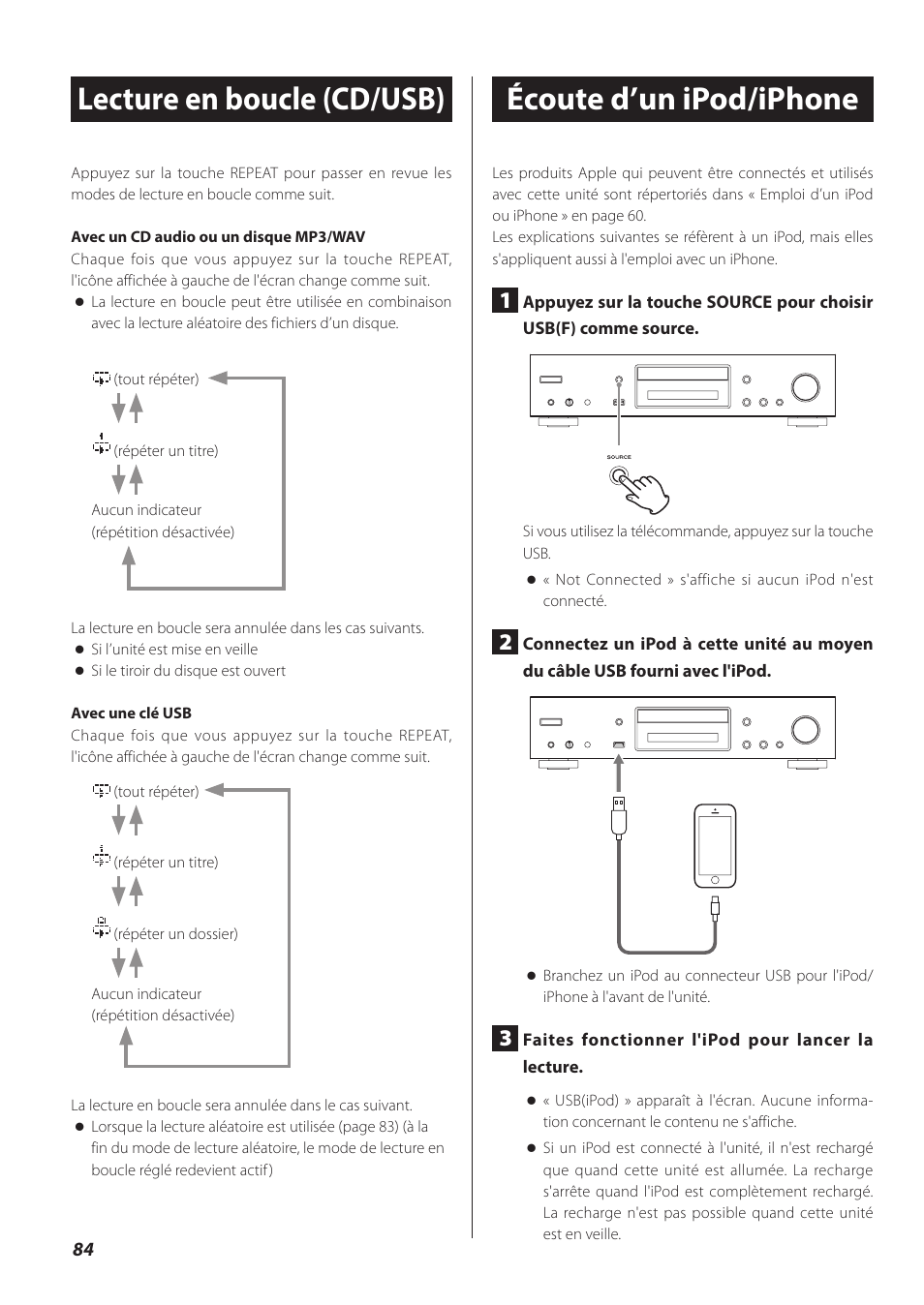 Lecture en boucle (cd/usb), Écoute d’un ipod/iphone | Teac CD-P800NT-B User Manual | Page 84 / 160