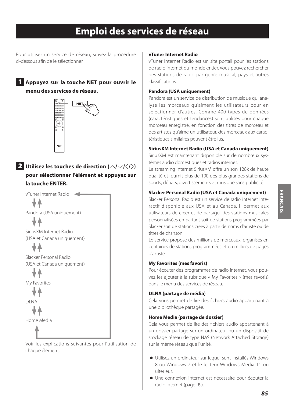 Emploi des services de réseau | Teac CD-P800NT-B User Manual | Page 85 / 160