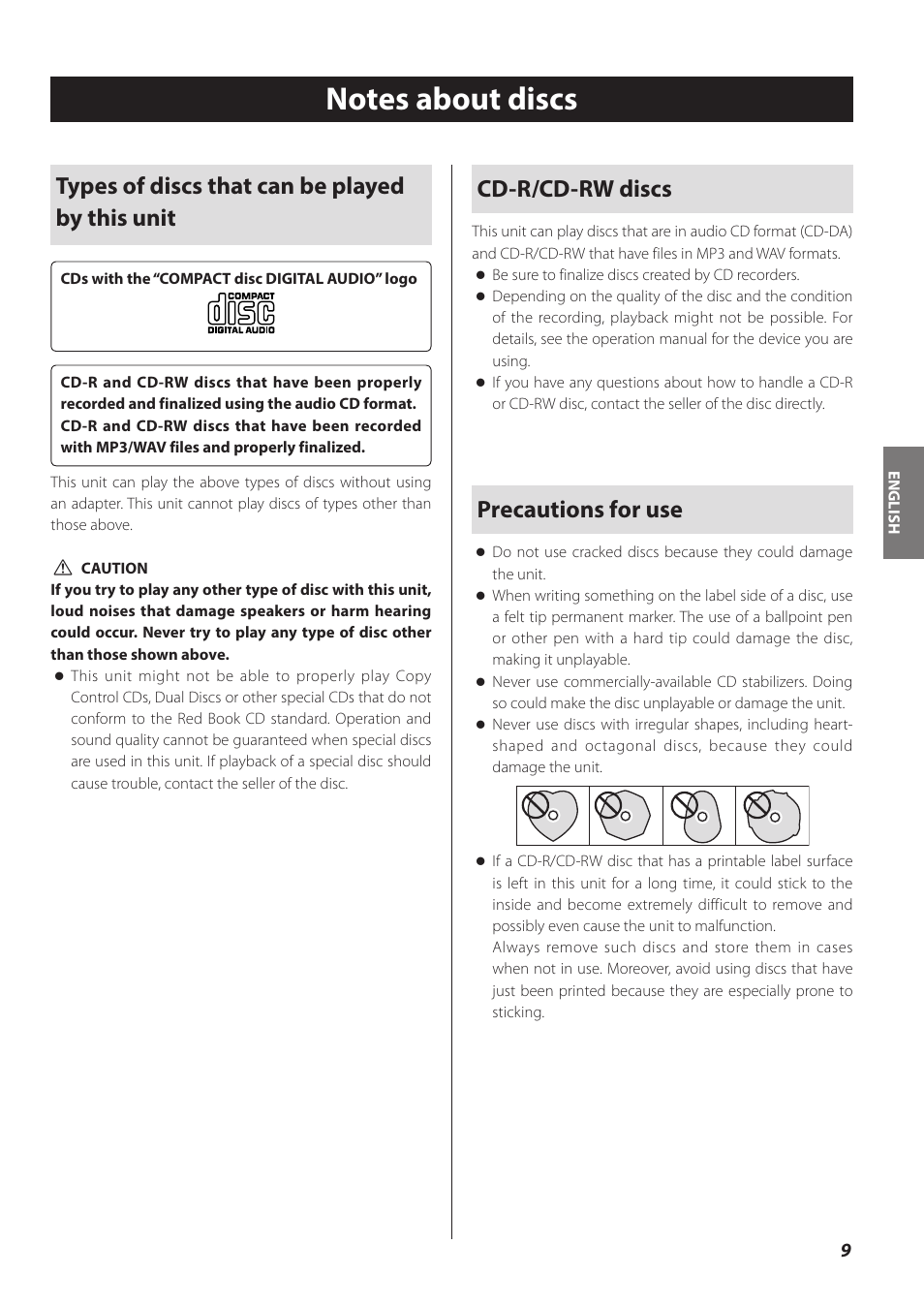 Notes about discs, Types of discs that can be played by this unit, Cd-r/cd-rw discs | Precautions for use | Teac CD-P800NT-B User Manual | Page 9 / 160