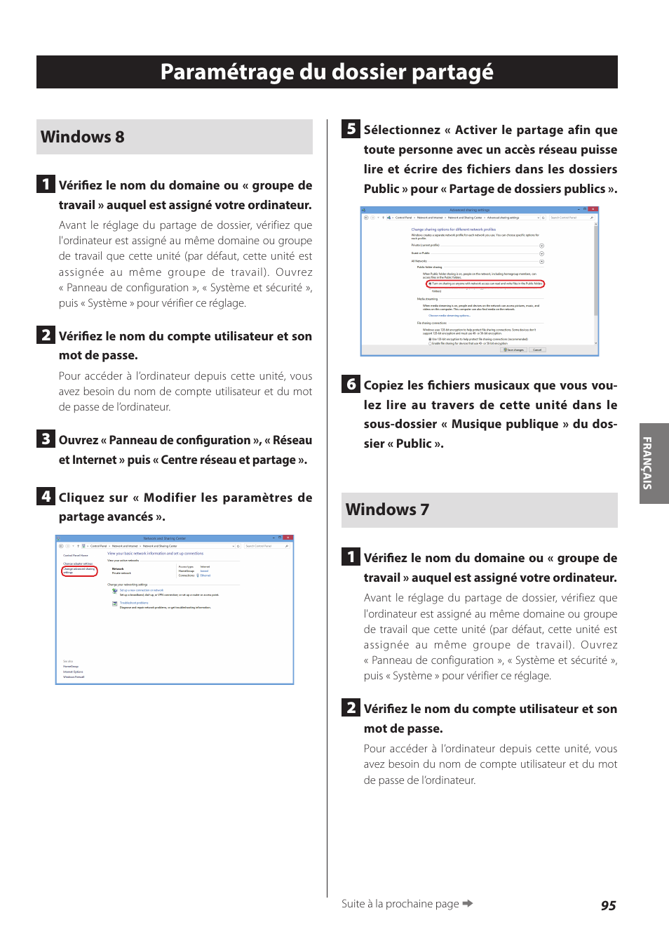 Paramétrage du dossier partagé, Windows 8 1, Windows 7 1 | Teac CD-P800NT-B User Manual | Page 95 / 160