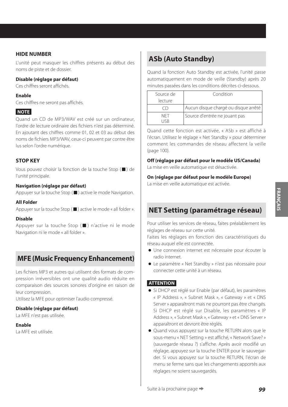 Mfe (music frequency enhancement), Asb (auto standby), Net setting (paramétrage réseau) | Teac CD-P800NT-B User Manual | Page 99 / 160