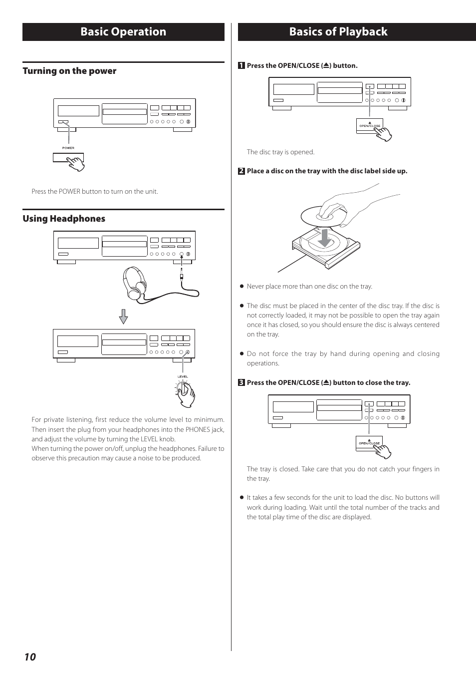 Basic operation, Basics of playback, Basic operation basics of playback | Turning on the power, Using headphones | Teac CD-RW890 User Manual | Page 10 / 28