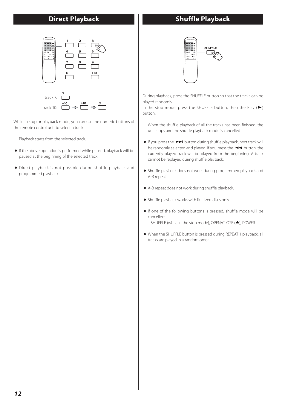 Direct playback, Shuffle playback, Direct playback shuffle playback | Teac CD-RW890 User Manual | Page 12 / 28