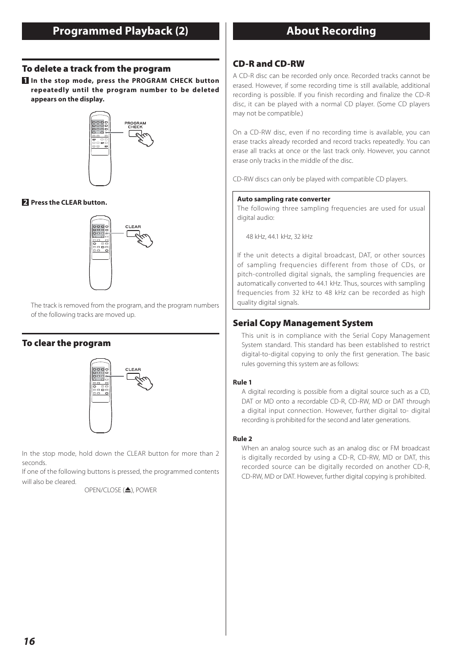 About recording, Programmed playback (2), Serial copy management system | Cd-r and cd-rw | Teac CD-RW890 User Manual | Page 16 / 28