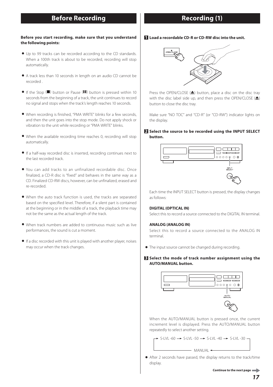 Before recording, Recording, Recording (1) | Teac CD-RW890 User Manual | Page 17 / 28