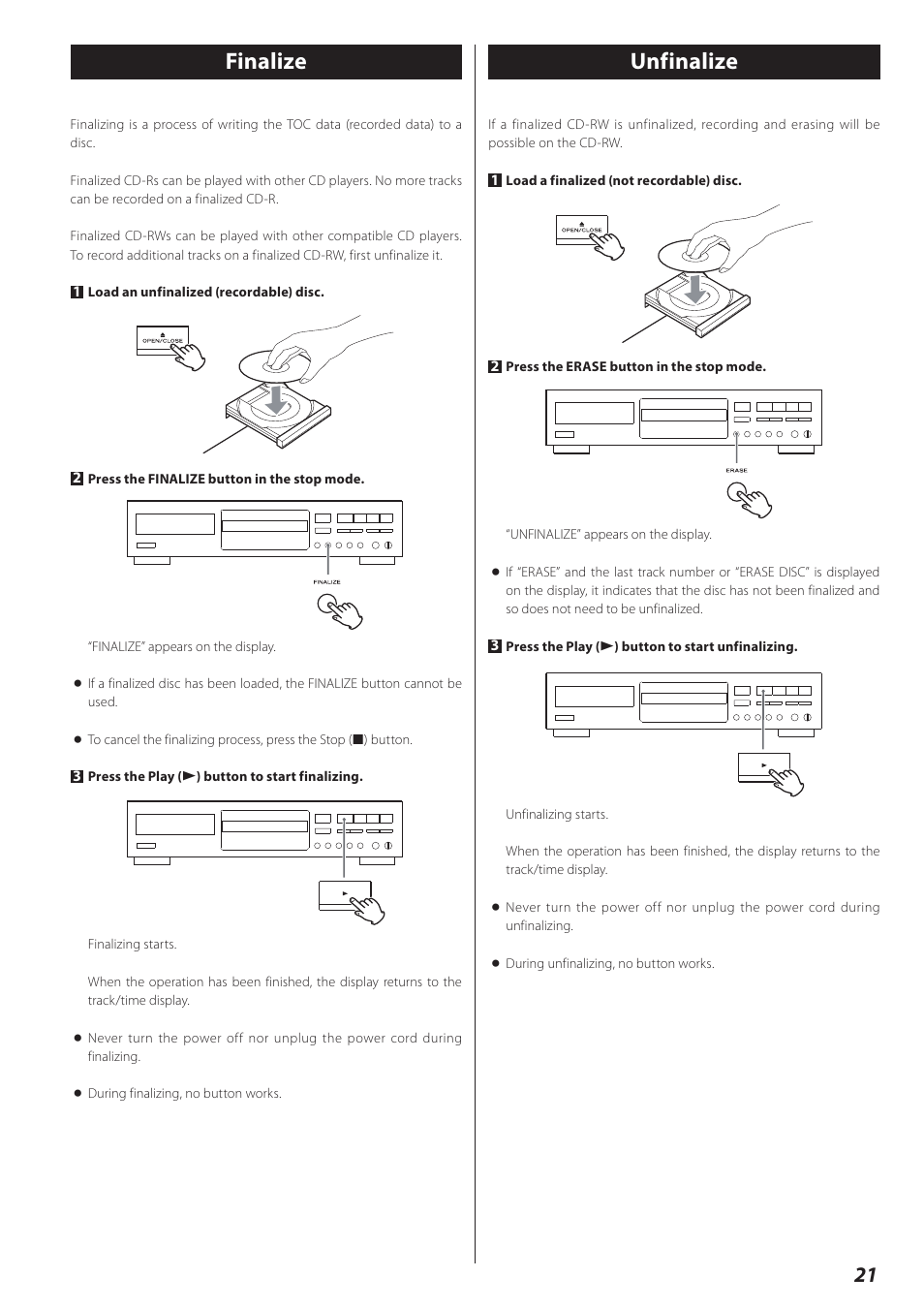 Finalize, Unfinalize | Teac CD-RW890 User Manual | Page 21 / 28