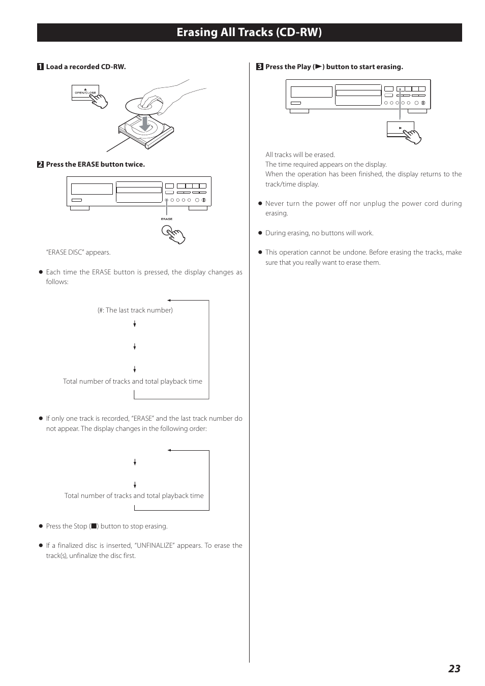Erasing all tracks (cd-rw) | Teac CD-RW890 User Manual | Page 23 / 28