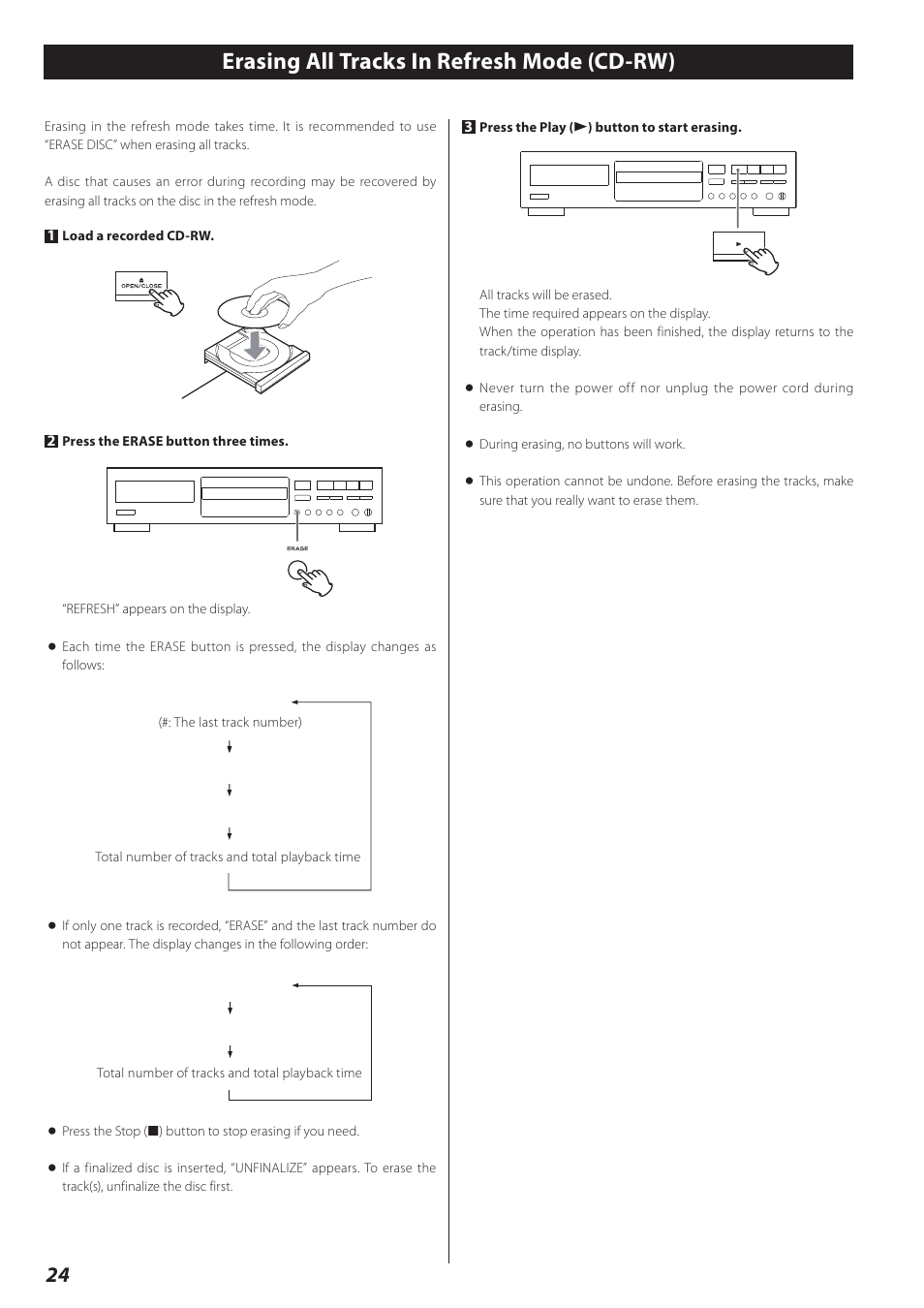 Erasing all tracks in refresh mode (cd-rw) | Teac CD-RW890 User Manual | Page 24 / 28