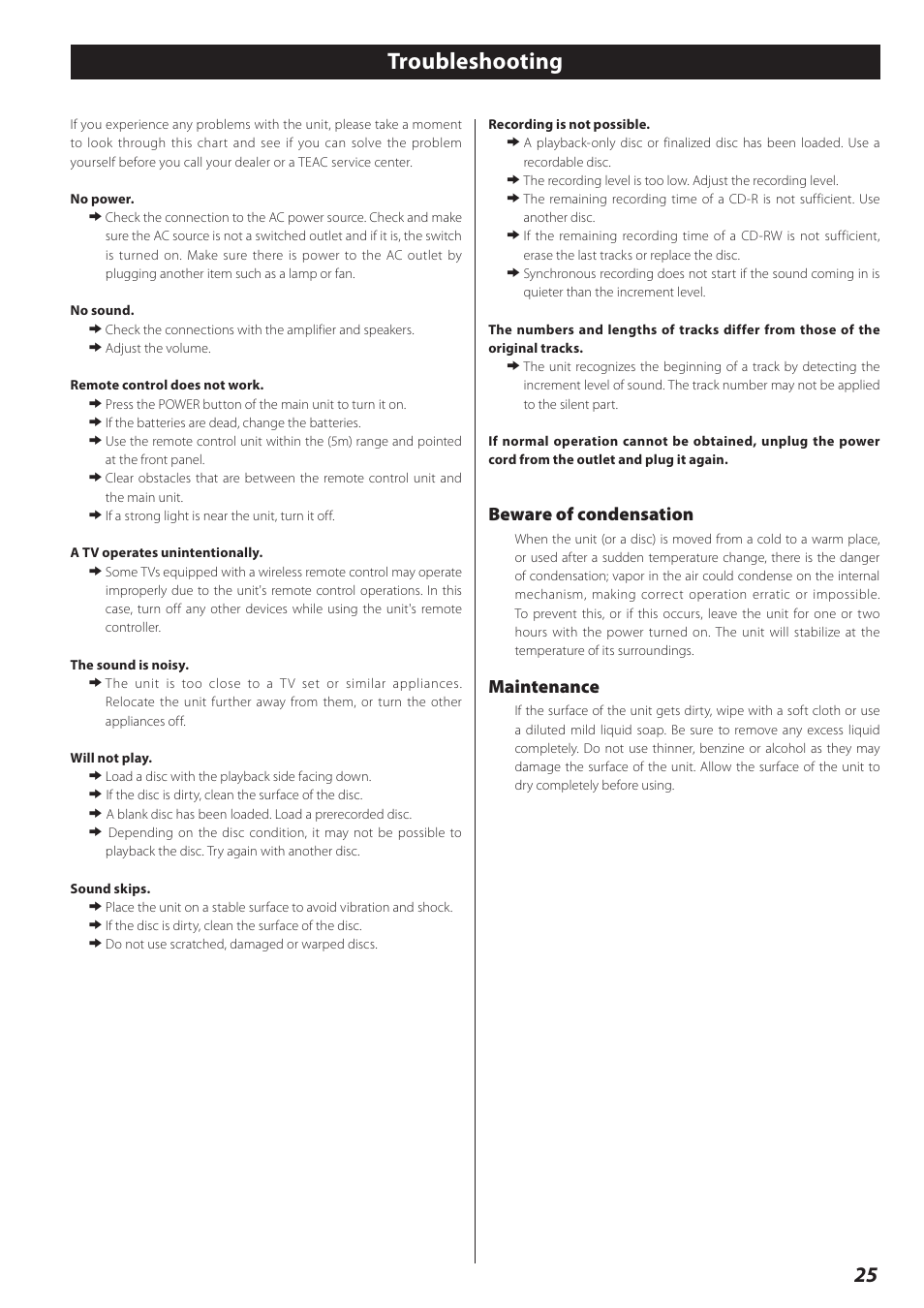 Troubleshooting, Beware of condensation, Maintenance | Teac CD-RW890 User Manual | Page 25 / 28