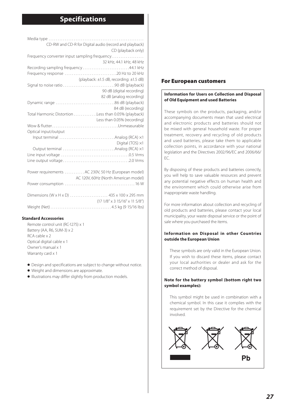 Specifications, For european customers | Teac CD-RW890 User Manual | Page 27 / 28