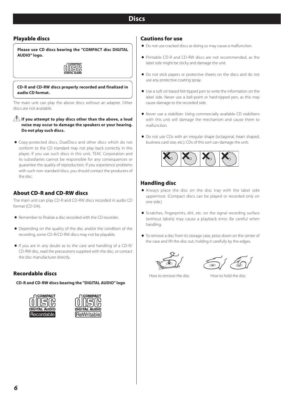 Discs, Playable discs, About cd-r and cd-rw discs | Recordable discs cautions for use, Handling disc | Teac CD-RW890 User Manual | Page 6 / 28