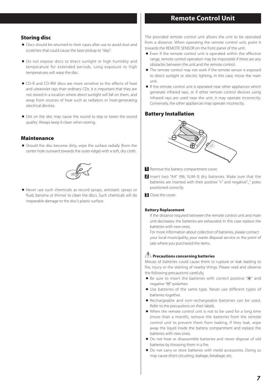 Remote control unit, Storing disc, Maintenance | Battery installation | Teac CD-RW890 User Manual | Page 7 / 28