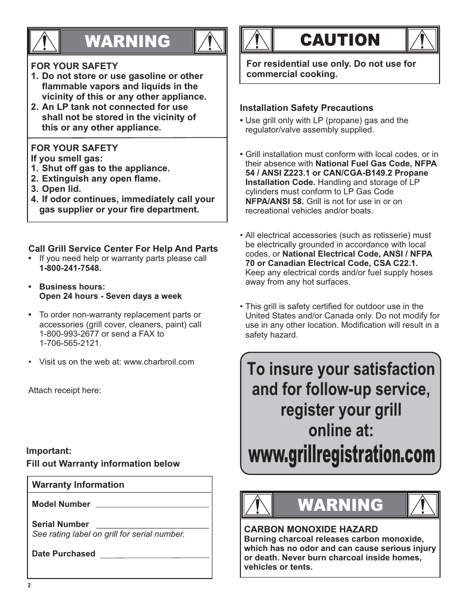Warning caution, Warning | Char-Broil LP Gas Grill User Manual | Page 2 / 32
