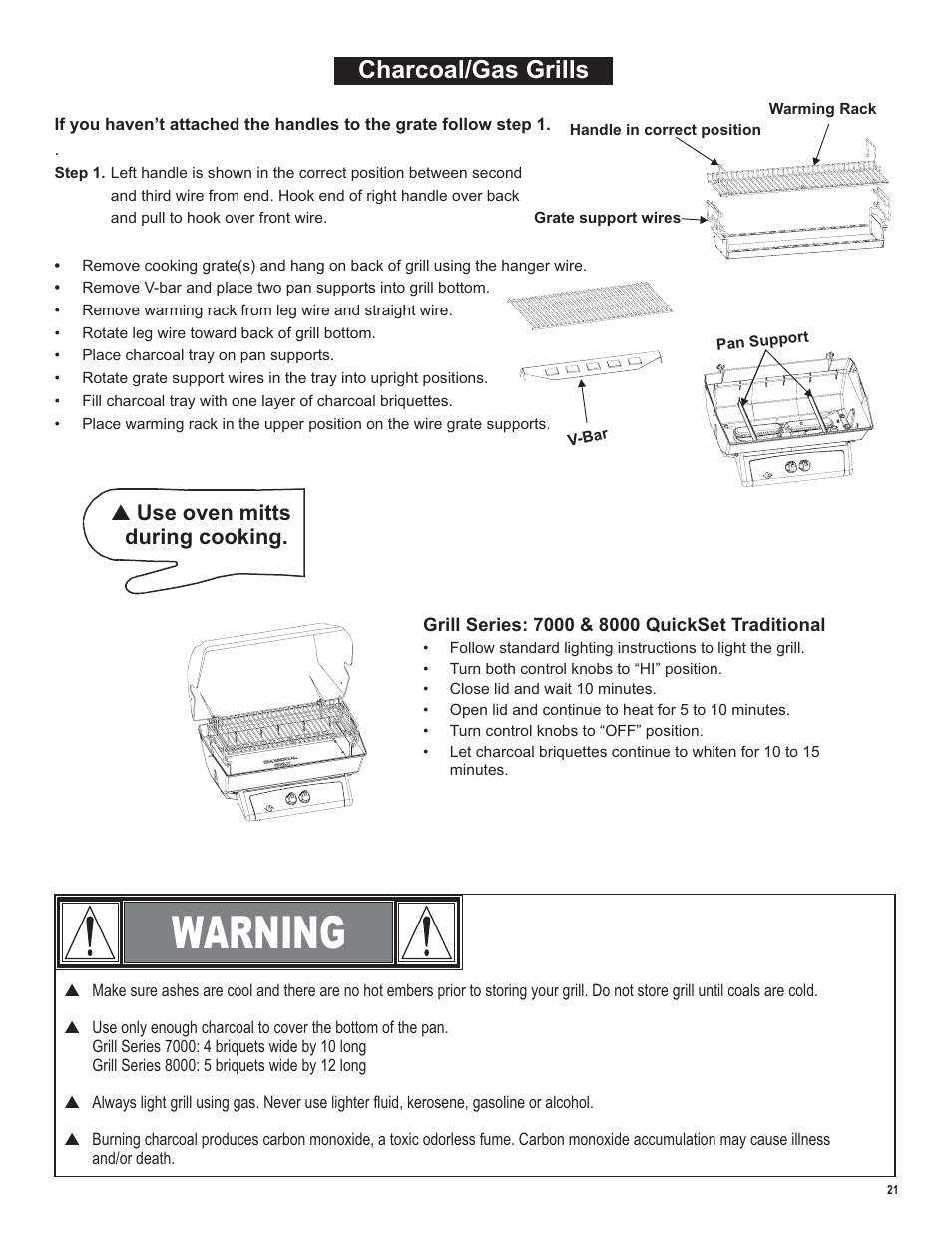 Warning, Charcoal/gas grills, S use oven mitts during cooking | Char-Broil LP Gas Grill User Manual | Page 21 / 32