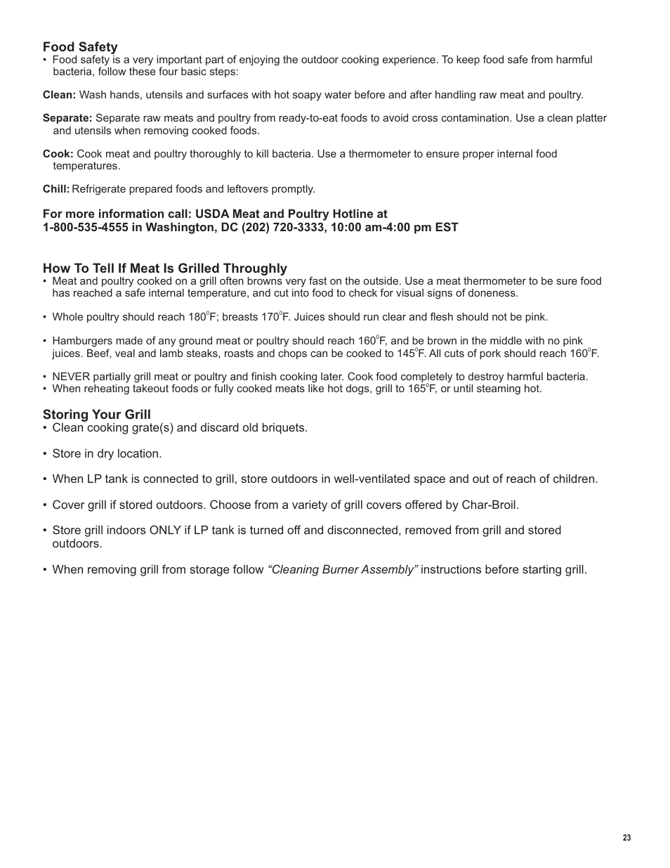 Food safety storing your grill, How to tell if meat is grilled throughly | Char-Broil LP Gas Grill User Manual | Page 23 / 32