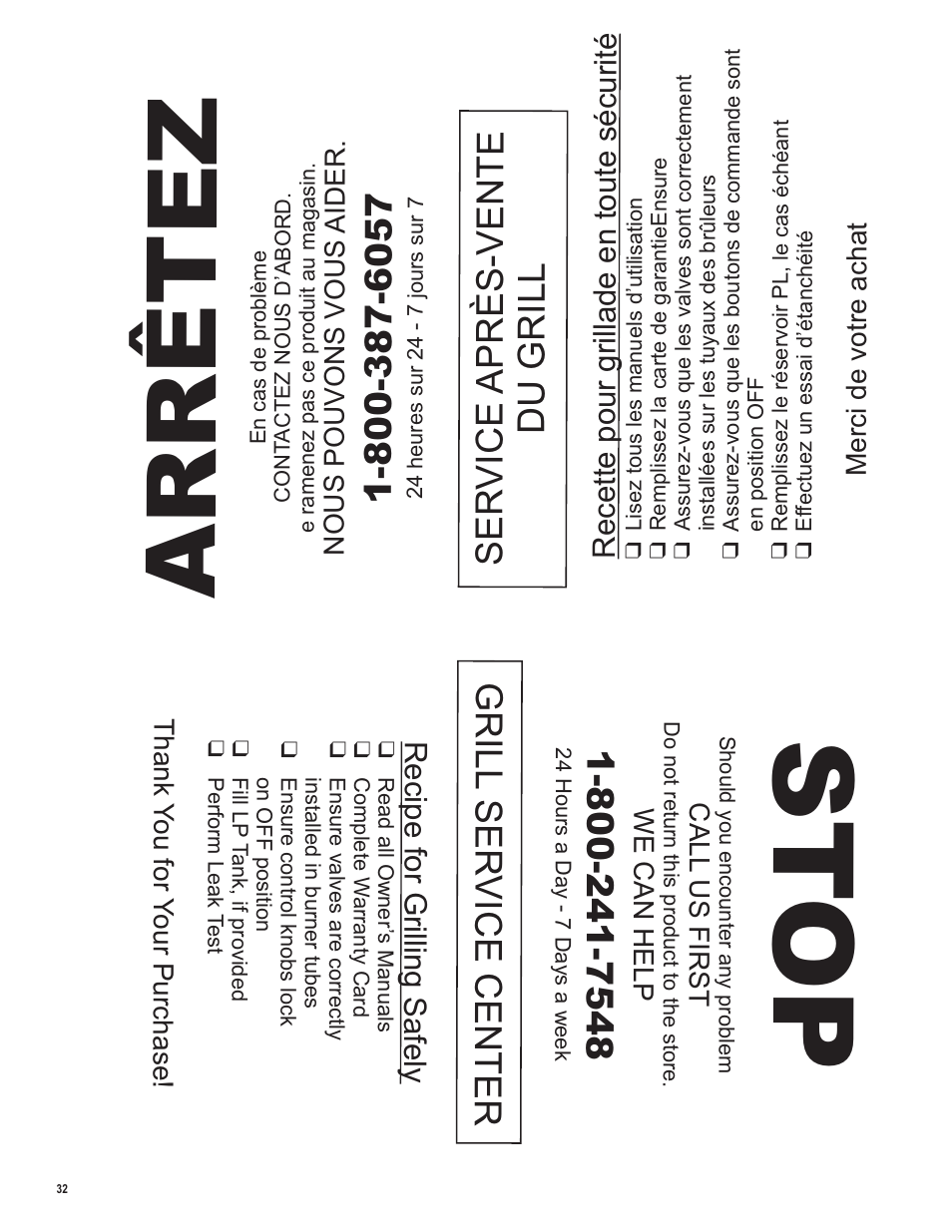 St op, Arrêtez, Recipe for grilling safely | Recette pour grillade en toute sécurité | Char-Broil LP Gas Grill User Manual | Page 32 / 32