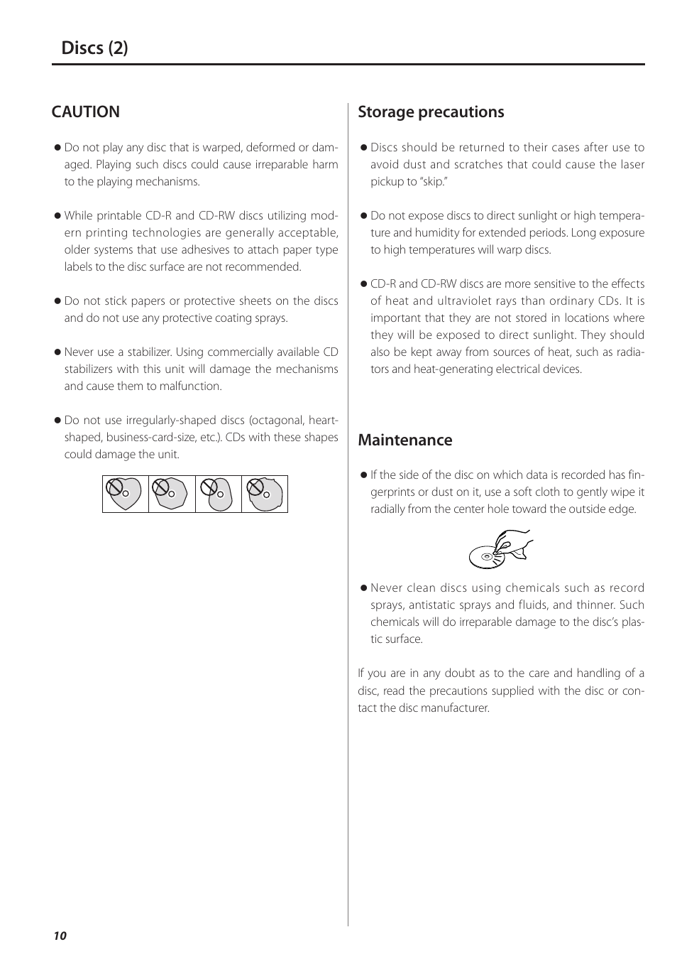 Discs (2), Caution, Storage precautions | Maintenance | Teac PD-501HR User Manual | Page 10 / 88