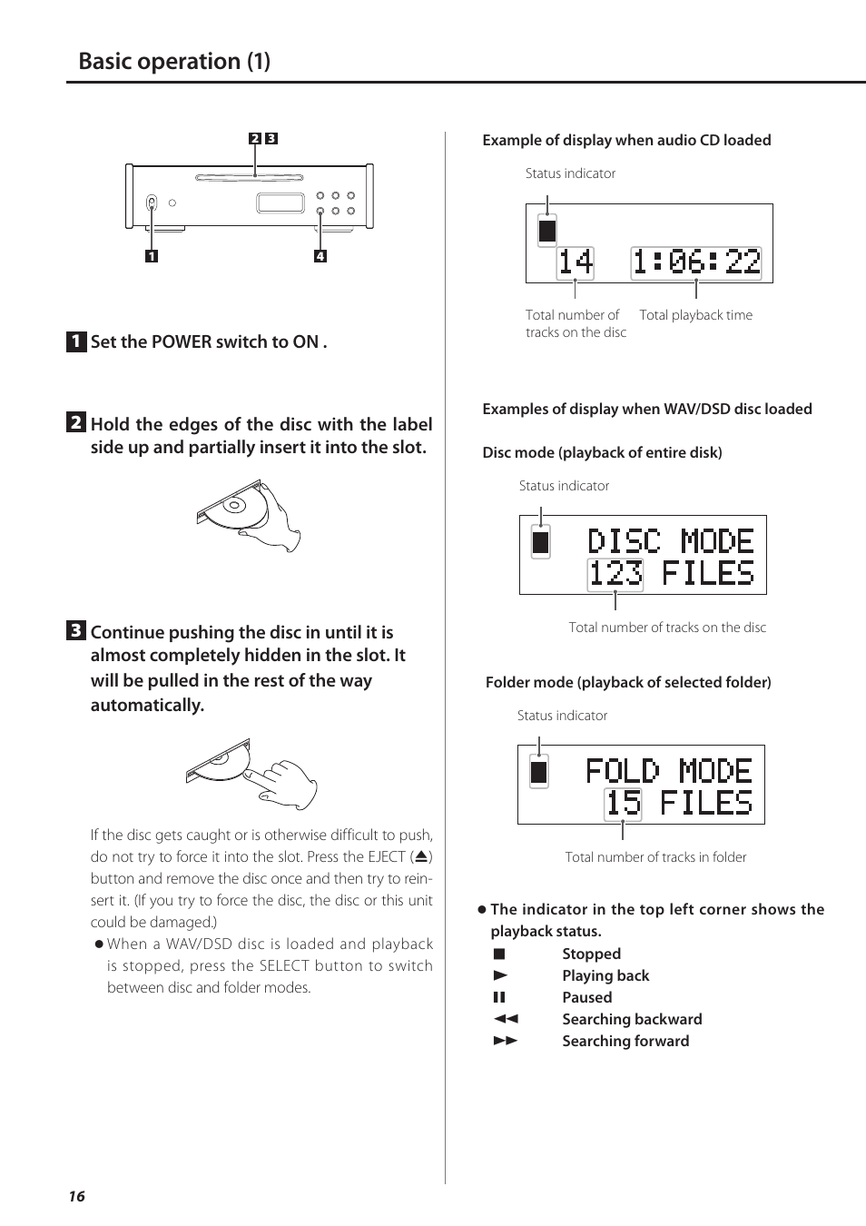 Basic operation, E 16, Basic operation (1) | Teac PD-501HR User Manual | Page 16 / 88