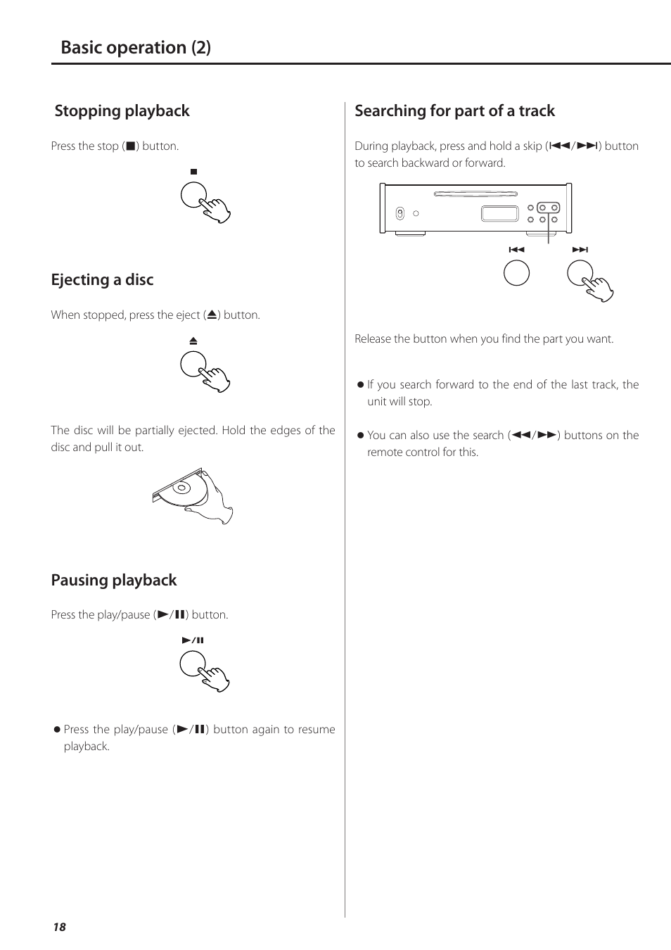 E 18), Basic operation (2), Stopping playback | Ejecting a disc, Pausing playback, Searching for part of a track | Teac PD-501HR User Manual | Page 18 / 88