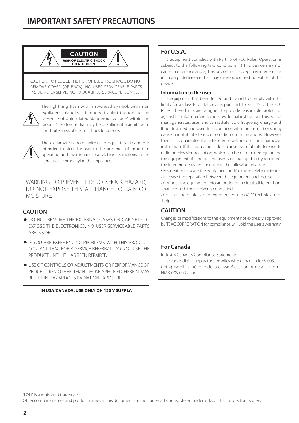 Important safety precautions | Teac PD-501HR User Manual | Page 2 / 88